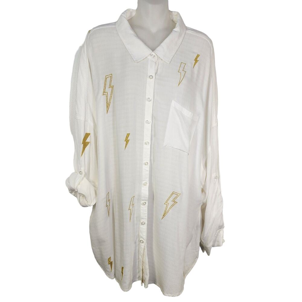 Torrid Shirt Size 4X Lightning Bolt Drop Shoulder Button Roll Tab Slv White Gold